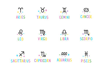 Set of 12 astrological zodiac colorful lettering and signs with moon, spirkles, stars. Сartoon tattoo, logo, sticker. Isolated element. Hand drawn felt-tip pen illustration.