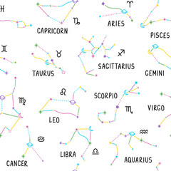 Seamless pattern with colorfull astrology zodiac constellations, moon and stars. Lettering signs. Сartoon tattoo, logo, sticker. Isolated element. Hand drawn felt-tip pen illustration.