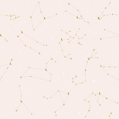 Seamless pattern with astrology zodiac constellations, moon and stars. Vector elegant beige background. Surface cover design. Fabric textile print.