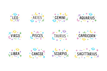 Set of 12 astrological zodiac lettering sings with moon, spirkles, stars. Сartoon talisman tattoo, logo, sticker. Isolated element. Hand drawn colorful felt-tip pen illustration.