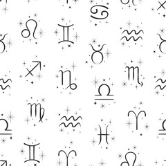 Seamless pattern with astrology zodiac sings with sparkles, stars. Vector elegant background. Surface cover design. Fabric textile print.