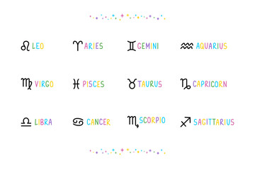 Set of 12 astrological zodiac colorful lettering sings. Сartoon talisman tattoo, logo, sticker. Isolated element. Hand drawn felt-tip pen illustration.