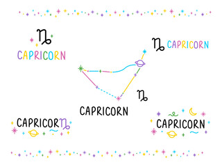 Set of Capricorn zodiac sings. Colorful cartoon constellations and lettering sings. Hand drawn felt-tip pen talisman tattoo, logo, sticker. Isolated element.