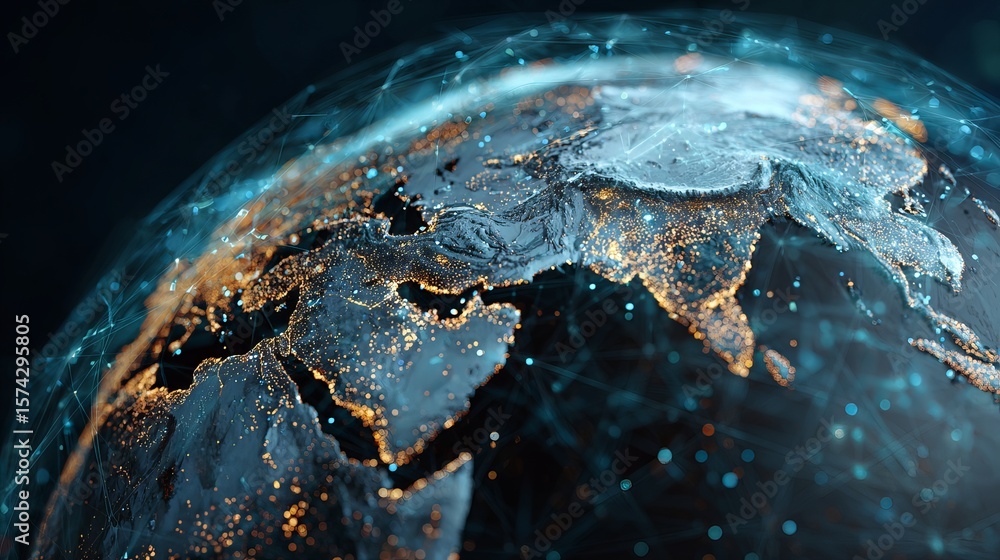 Poster earth illuminated, revealing city lights with a complex data network overlay, symbolizing global con