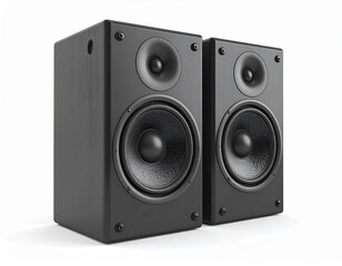 Fototapeta premium two squared speaker boxes are the main subject, set against a plain backdrop. each speaker box features a large, dark circular element at the center, along with a smaller circular element above it