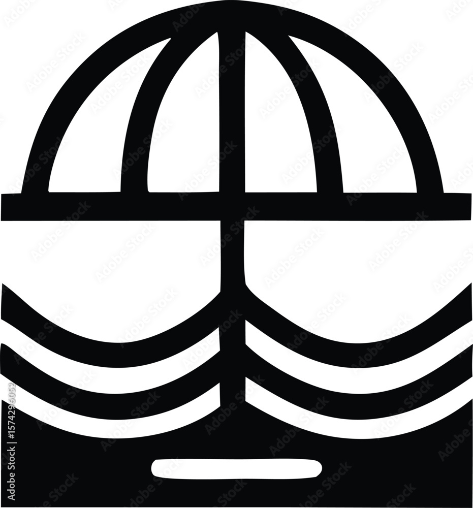Poster abstract graphic design featuring a stylized umbrella or dome shape above wavy lines and a horizonta