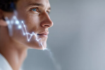 Businessman analyzing glowing financial chart projected on face