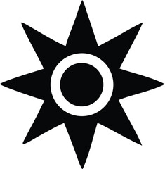 A stylized black eight pointed star symbol with a white circle outline at its center on a white background