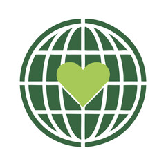 Green globe icon with heart symbol representing eco-friendliness  