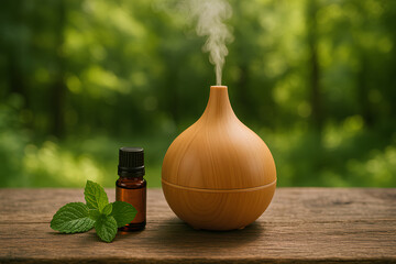 Natural Wooden Essential Oil Diffuser with Fresh Mint and Aromatherapy Bottle Outdoors