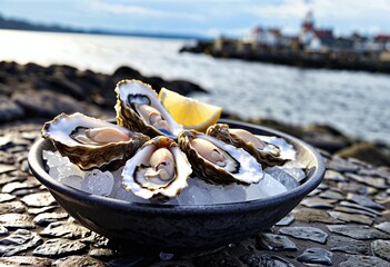 Portrait of fresh oysters on ice in a stone bowl near harborside with copy space