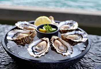 Portrait of fresh oysters on ice in a stone bowl near harborside with copy space