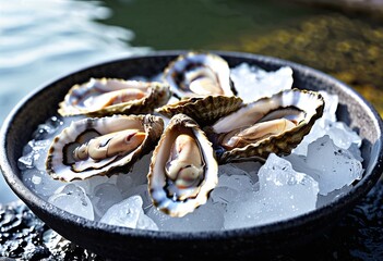 Portrait of fresh oysters on ice in a stone bowl near harborside with copy space