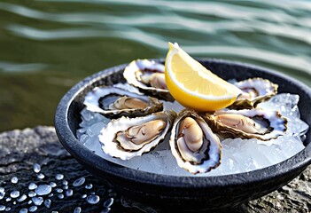 Portrait of fresh oysters on ice in a stone bowl near harborside with copy space