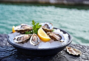 Portrait of fresh oysters on ice in a stone bowl near harborside with copy space