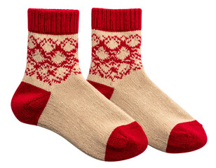Pair of Red and Tan Knitted Socks, Isolated on Transparent Background PNG
