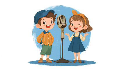 Adorable Cartoon Kids Singing into Vintage Microphone