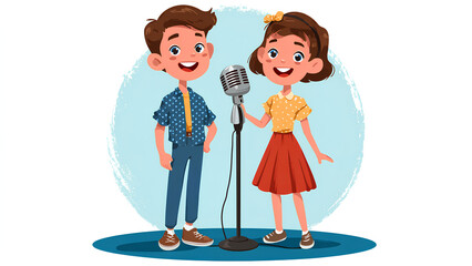 Cute Cartoon Kids Singing with Vintage Microphone