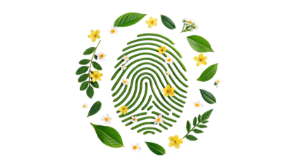 Eco friendly fingerprint with leaves and flowers art on transparent background