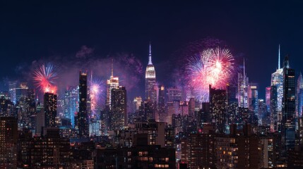Spectacular New York City skyline at night with red, white, and blue fireworks over illuminated skyscrapers, iconic urban landscape photography