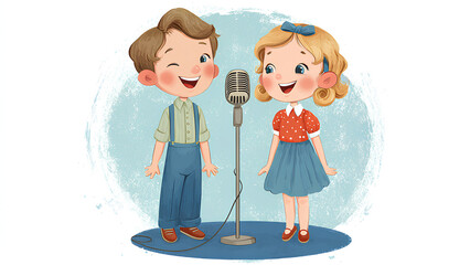Cute Cartoon Kids Singing with Vintage Microphone
