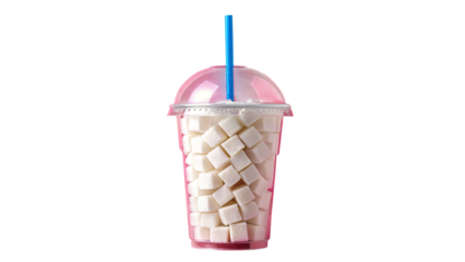 Sugar overload concept in plastic cup with straw on transparent background