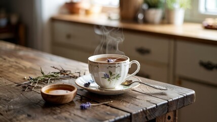 Obraz premium Steaming cup of herbal tea with honey and lavender