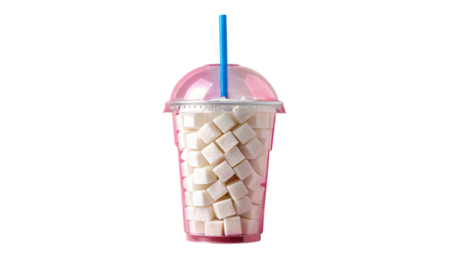 Sugar overload concept in plastic cup with straw on transparent background