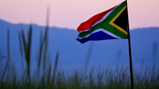 South African National Flag Waving Gently in Wind, Grass and Hills Background Scenery