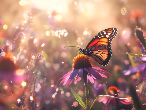 Monarch butterfly resting on a purple coneflower in soft morning sunlight with bokeh