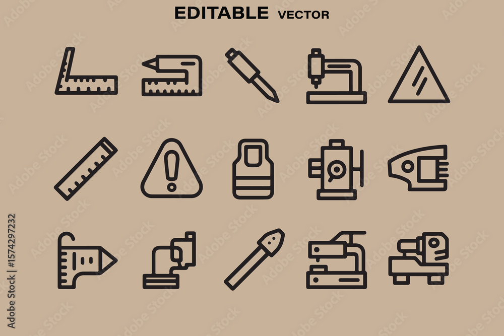 Poster collection of editable vector icons representing scientific instruments and measurement tools on a n