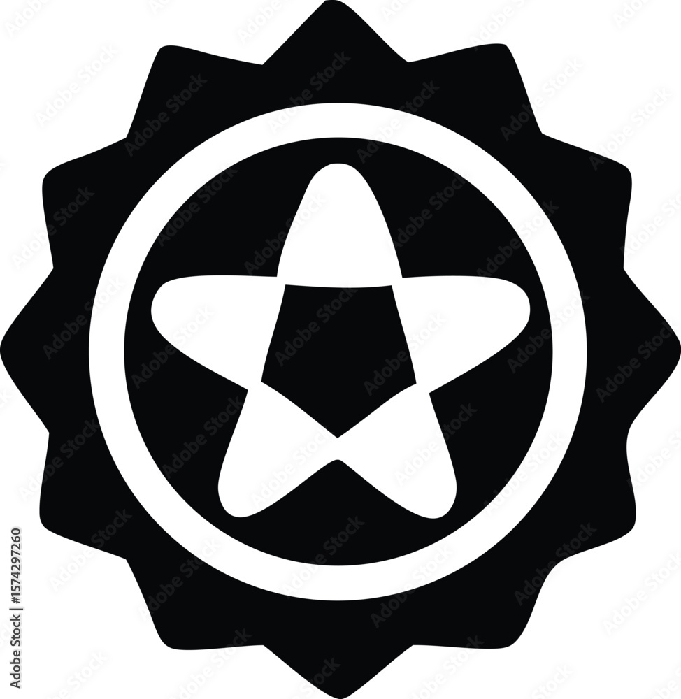 Aufkleber a stylized black and white graphic featuring a five pointed star within a circular border and a jagg