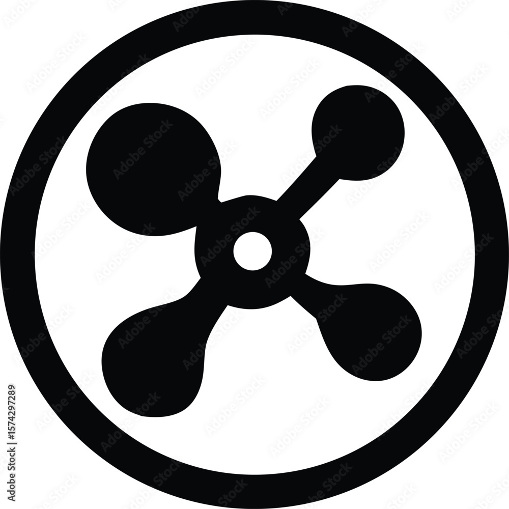 Poster abstract black and white circular symbol with a central four pointed star like shape and rounded end