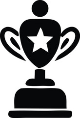 A stylized black silhouette of a trophy with a star inside a shield and a circular top representing a person