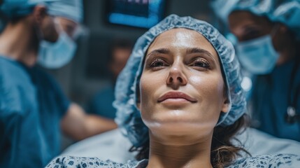 Woman in hospital gown lying on stretcher with medical staff adjusting position, pre-op preparation..