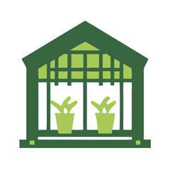 Greenhouse icon with plants in pots and transparent panels  