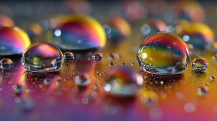 Naklejka premium Extreme close-up of rainbow-colored water droplets on glass surface, highly detailed macro shot with vibrant colors and symmetrical composition