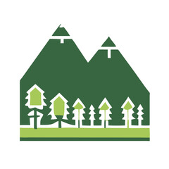 Green mountain landscape icon with trees in minimalist design  
