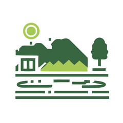 Minimalistic green landscape icon with house, hills, and tree  