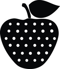 Stylized black silhouette of a strawberry with white polka dots and a single leaf and stem