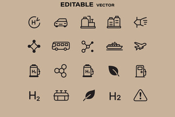Collection of editable vector icons representing hydrogen energy applications and infrastructure for clean transportation and industry