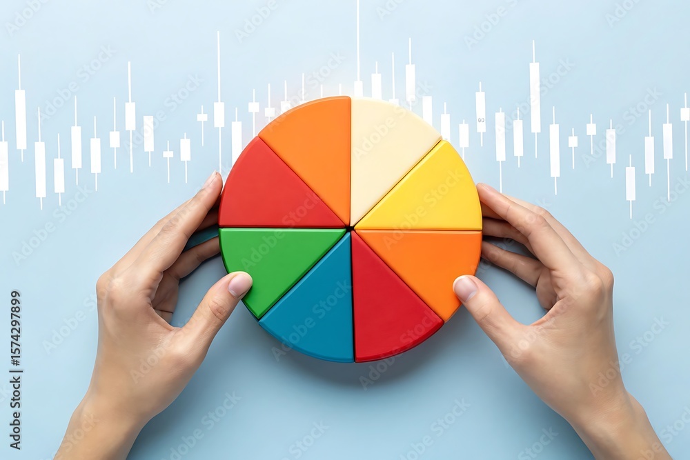 Poster hands assembling colorful pie chart segments against stock market graph image