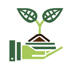 Hand holding a seedling icon with soil and two leaves growing  