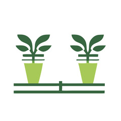 Two green plants icon in decorative pots on a wooden shelf  