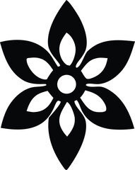 A stylized black six petal flower with a circular center and negative space between the petals on a white background