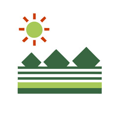 Geometric landscape icon with mountains, sun, and green stripes  