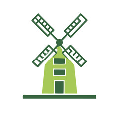 Simple green windmill icon with blades and a house structure  