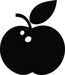 Simple black silhouette of a stylized apple with a stem and a leaf featuring two small white circles on its surface