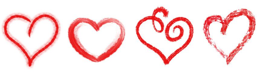 Set of 4 different hand-drawn red heart shapes.