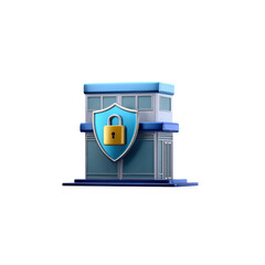 A stylized architectural protected building. A shield with a golden lock symbolizes protection